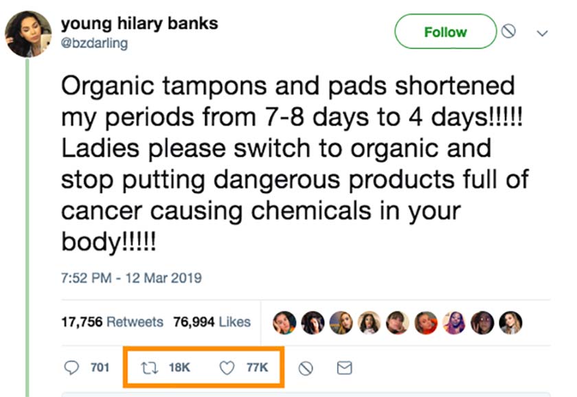 social media post about organic tampons shortening periods