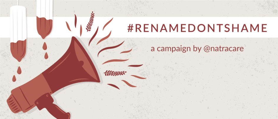 Illustration red megaphone, tampons says 'rename don't shame, a campaign by Natracare'